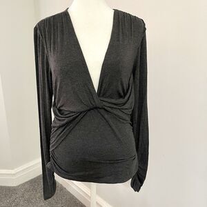 Frame Plunge Twist V Neck Top Womens Large Ruched Long Sleeve Charcoal